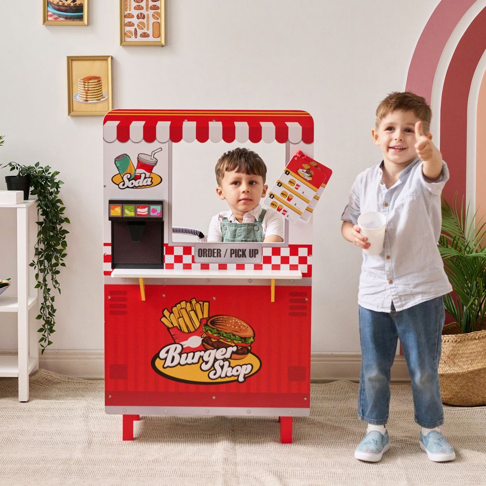 Teamson Kids - Flip & Fry Wooden Burger Shop with 29 Pcs Accessories - Preschool
