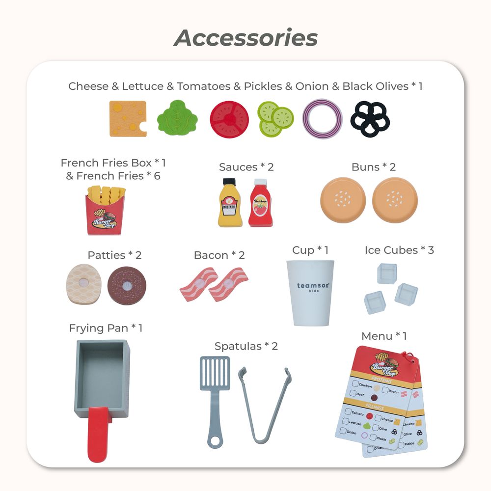 Teamson Kids - Flip & Fry Wooden Burger Shop with 29 Pcs Accessories - Preschool