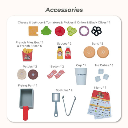 Teamson Kids - Flip & Fry Wooden Burger Shop with 29 Pcs Accessories - Preschool