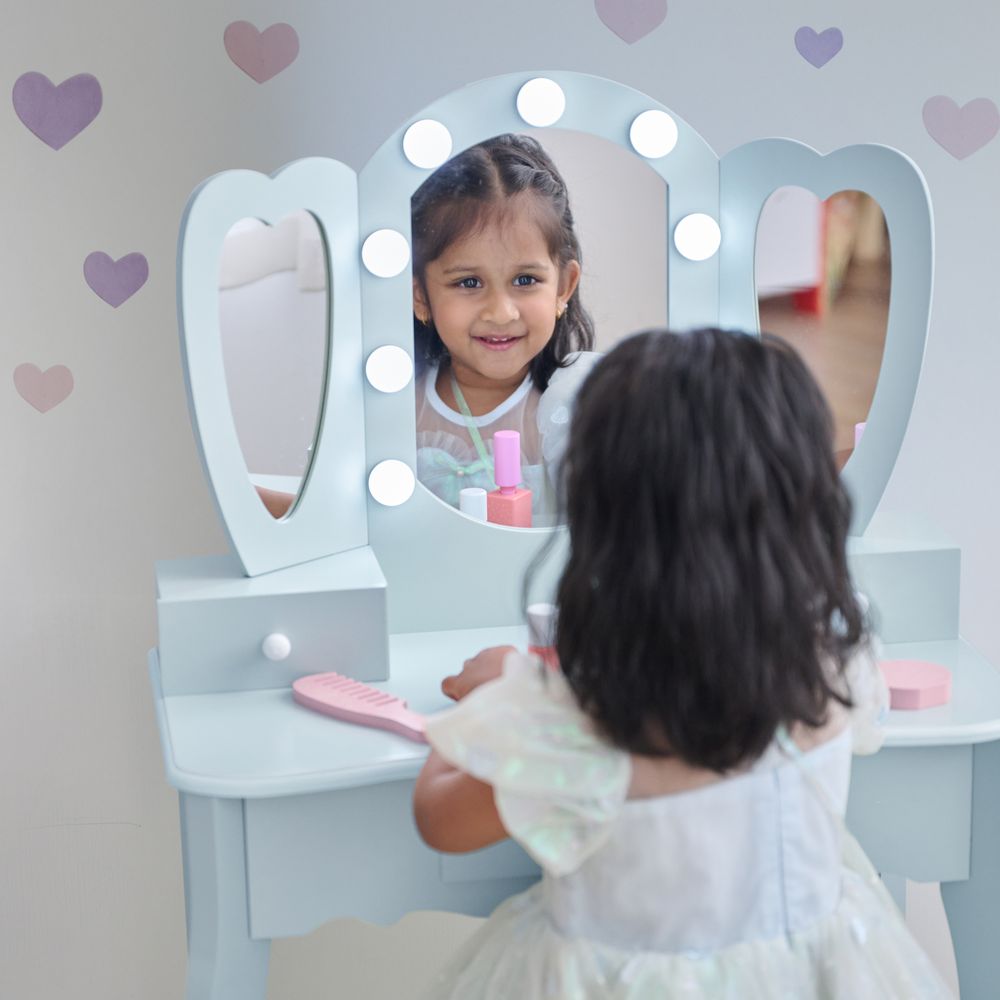 Teamson Kids - Heart Glow Wooden Vanity Set with LED Lights Mirror & Stool - Blue - Room Decor