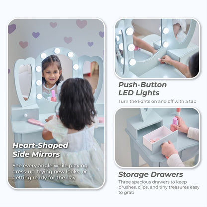 Teamson Kids - Heart Glow Wooden Vanity Set with LED Lights Mirror & Stool - Blue - Room Decor