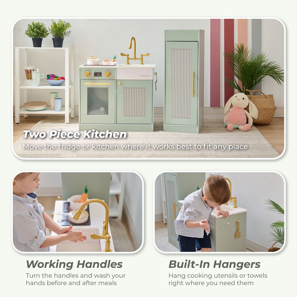 Teamson Kids - Little Chef Chester Wooden Play Kitchen with Large Fridge & Sink - Green - Preschool