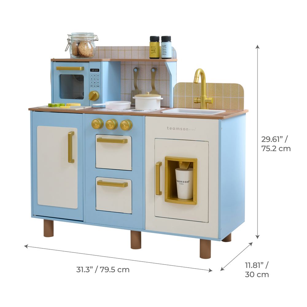 Teamson Kids - Little Chef Hampton Wooden Play Kitchen with Ice Dispenser & Sink - Blue - Preschool