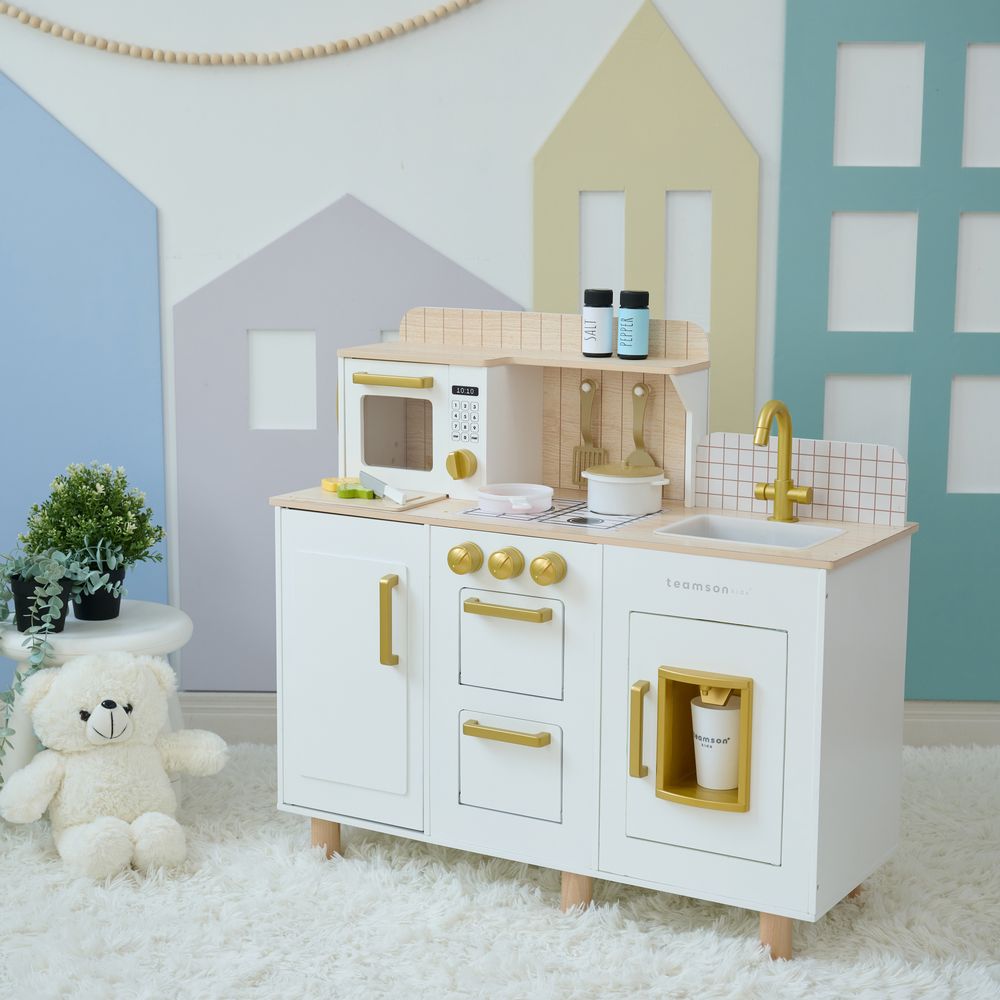 Teamson Kids - Little Chef Hampton Wooden Play Kitchen with Ice Dispenser & Sink - White - Preschool
