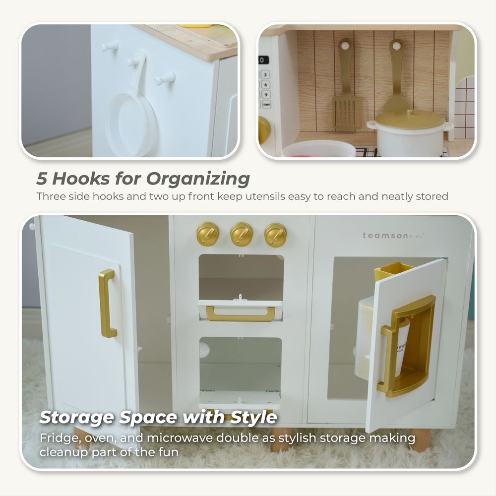 Teamson Kids - Little Chef Hampton Wooden Play Kitchen with Ice Dispenser & Sink - White - Preschool