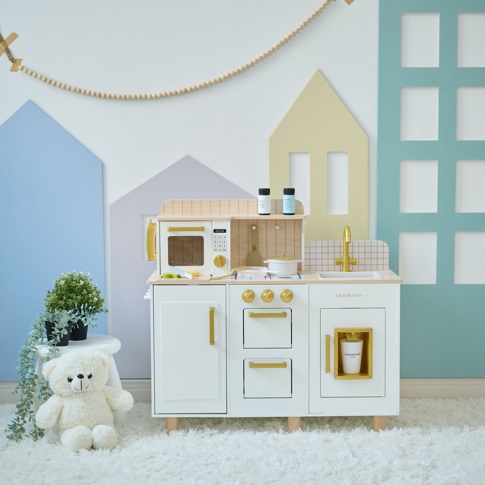 Teamson Kids - Little Chef Hampton Wooden Play Kitchen with Ice Dispenser & Sink - White - Preschool