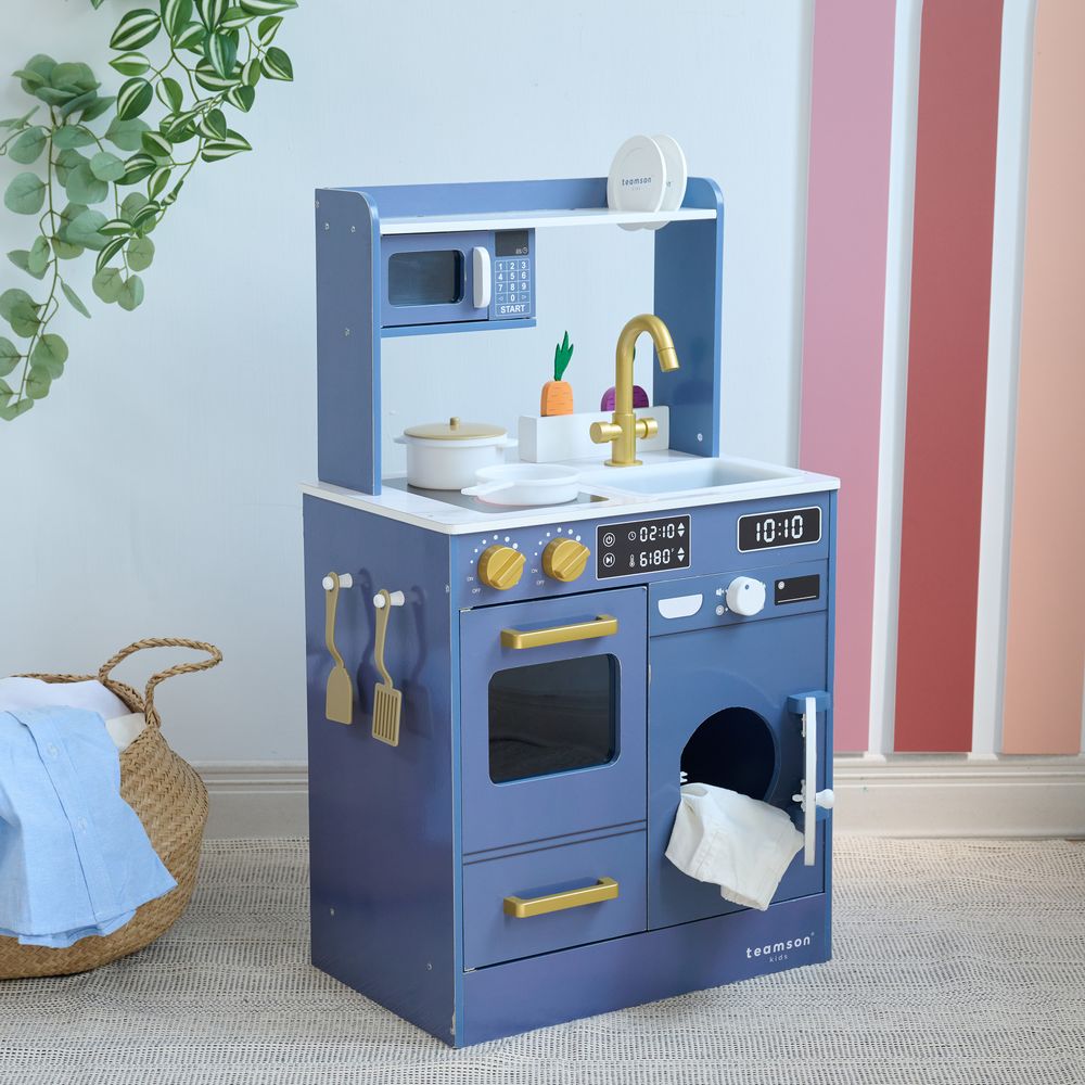 Teamson Kids - Little Chef Lake Tahoe Wooden Play Kitchen Washer & Mini Garden - Blue - Preschool