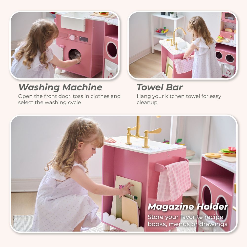 Teamson Kids - Little Chef Savannah Wooden Play Kitchen with 3 Modular Pieces - Pink - Preschool