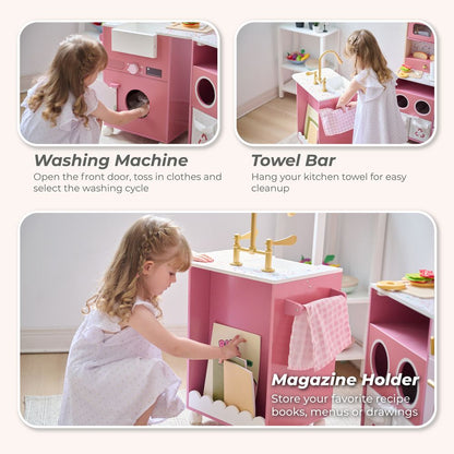 Teamson Kids - Little Chef Savannah Wooden Play Kitchen with 3 Modular Pieces - Pink - Preschool