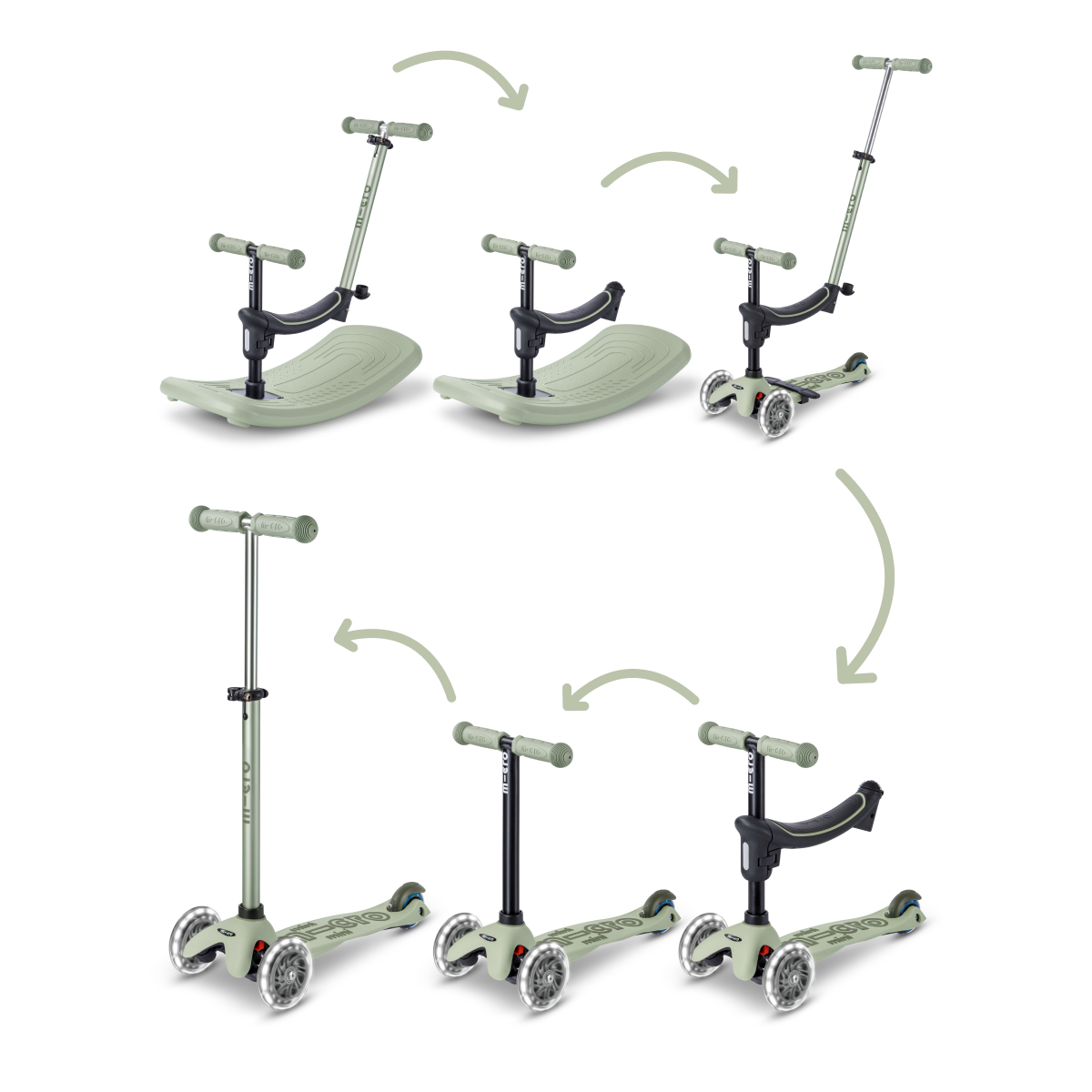 Micro Kickboard - Mini Deluxe Rock & Go LED Scooter - Olive Sage - Outdoor