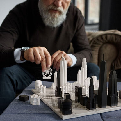 Skyline Chess - New York Versus Los Angeles Acrylic Chess Set with Black and White Wood Hatch Board - Games