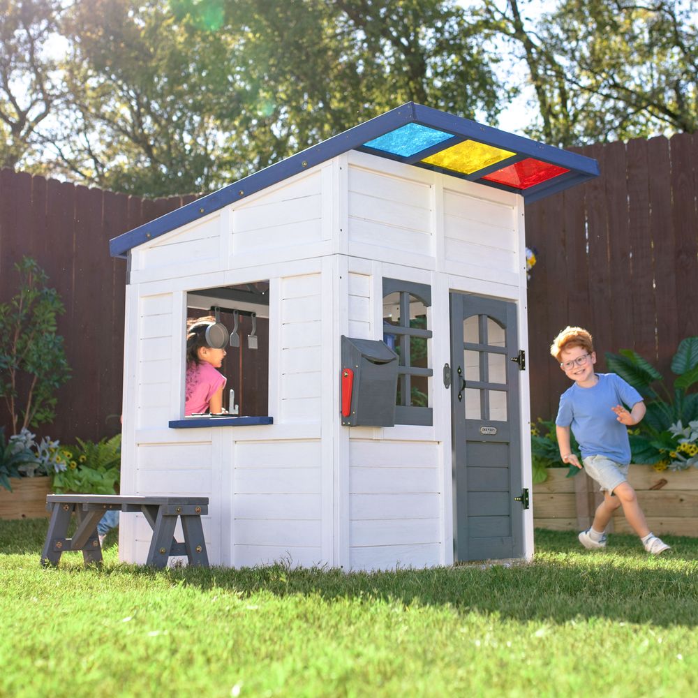 Teamson Kids - Rainbow Shade Wooden Playhouse with Kitchen, Flower Box & Bench - White - Outdoor