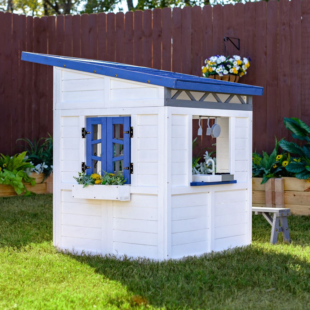 Teamson Kids - Rainbow Shade Wooden Playhouse with Kitchen, Flower Box & Bench - White - Outdoor